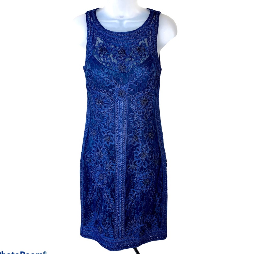 SUE WONG Dress Sheath Lace Embroidered Navy Blue 4